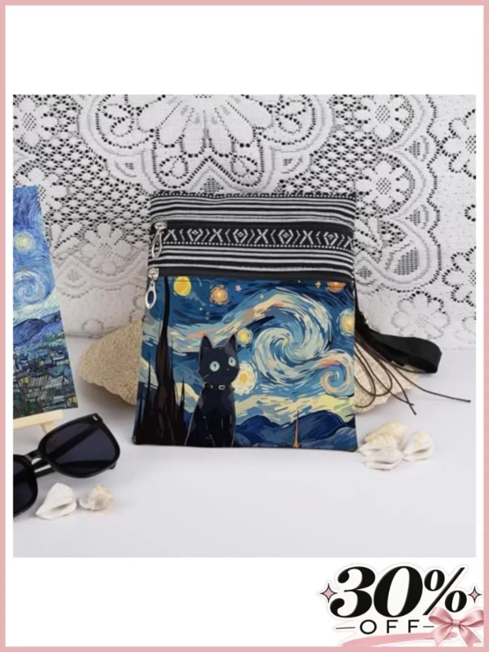 Starry Cat Adjustable Strap Crossbody Purse Polyester Sling Bag